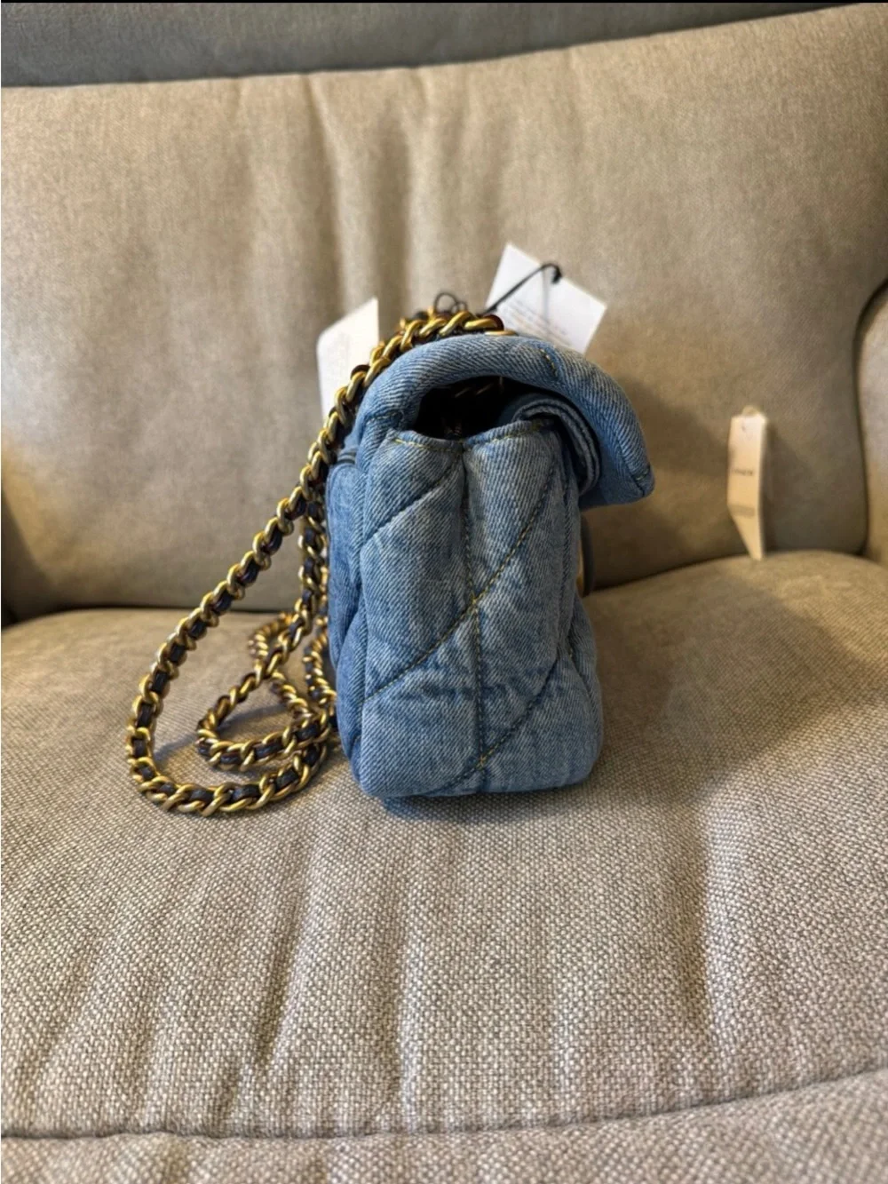 Coach Quilted Denim Shoulder Bag with Gold Chain - Light Blue 26 size